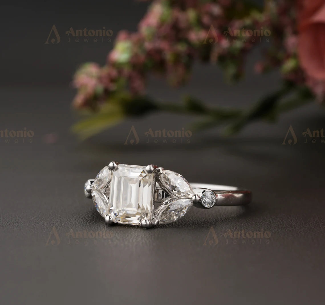 Vintage Unique Emerald Cut Moissanite Engagement Ring