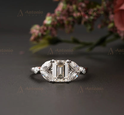 Vintage Unique Emerald Cut Moissanite Engagement Ring