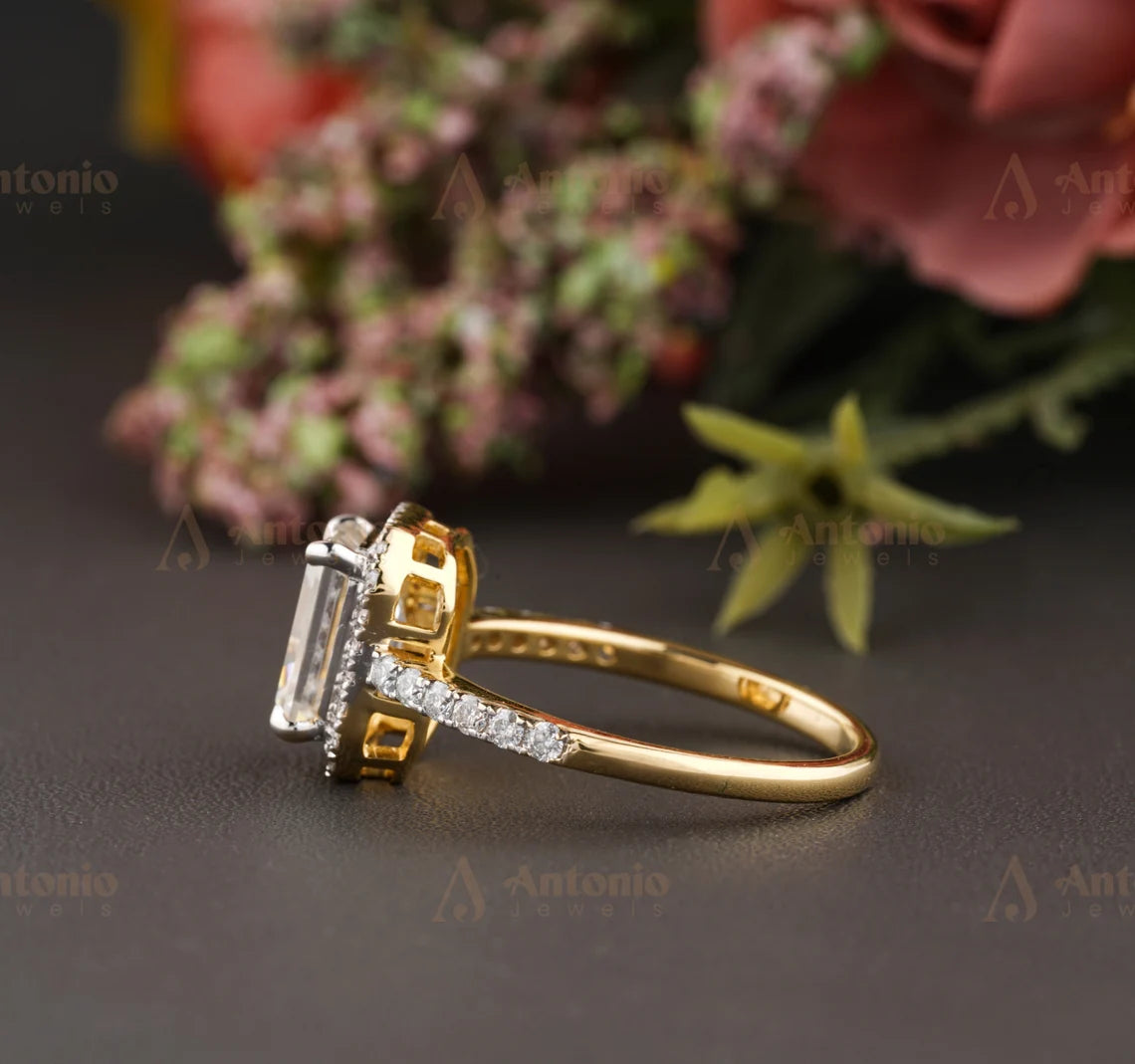 2CT Moissanite Elongated Emerald Cut Halo Engagement Ring