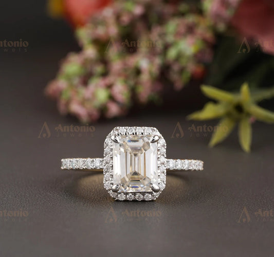 2CT Moissanite Elongated Emerald Cut Halo Engagement Ring