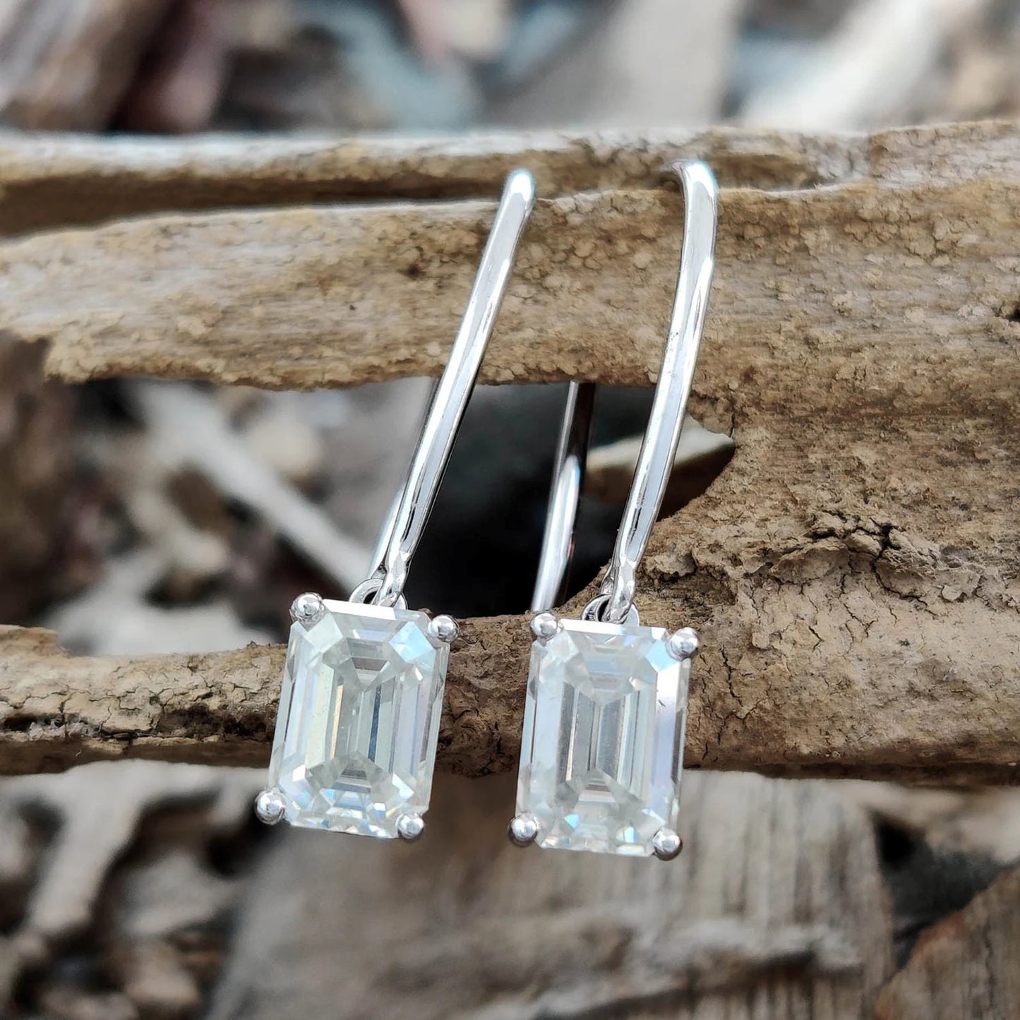 Colorless Emerald Moissanite Earrings, Diamond Hook Earrings, 10KT White Gold Earring, Solitaire Diamond Drop Earring, Engagement Earring