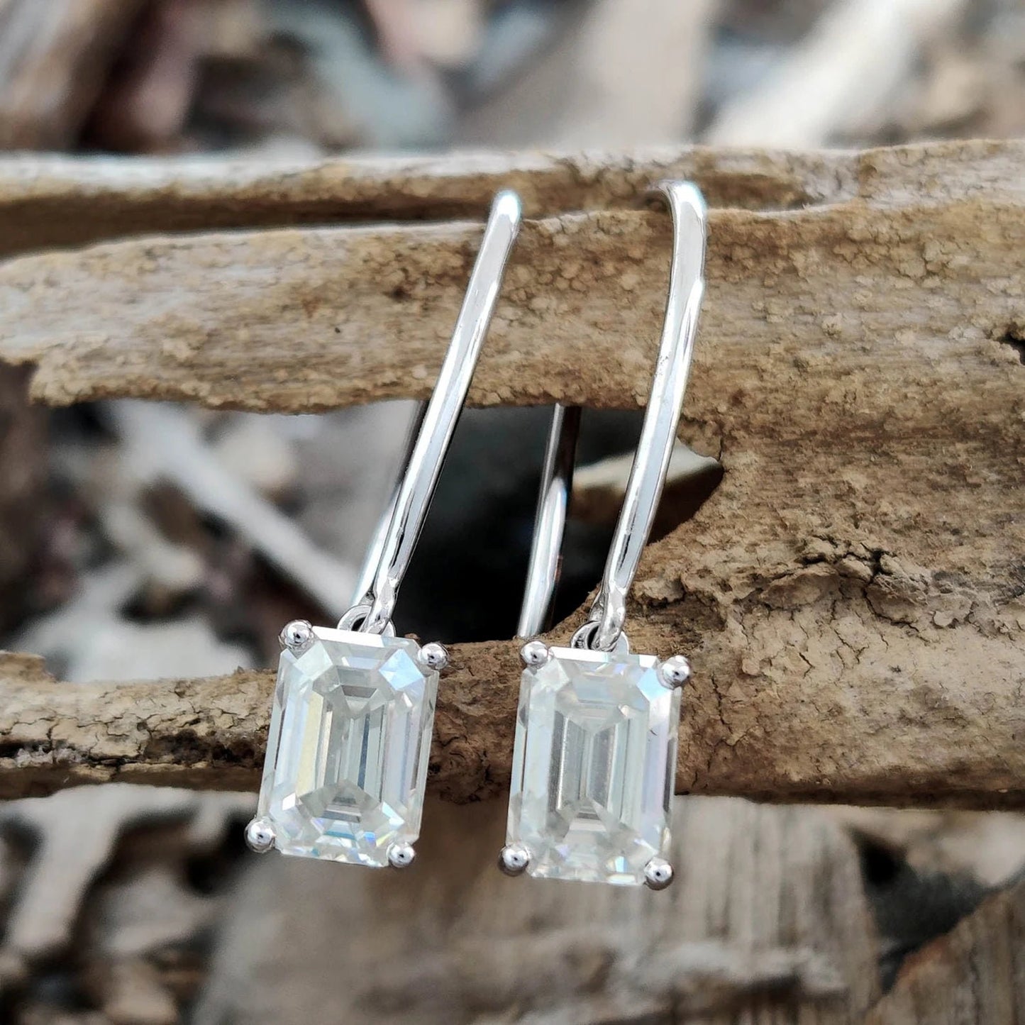 Colorless Emerald Moissanite Earrings, Diamond Hook Earrings, 10KT White Gold Earring, Solitaire Diamond Drop Earring, Engagement Earring