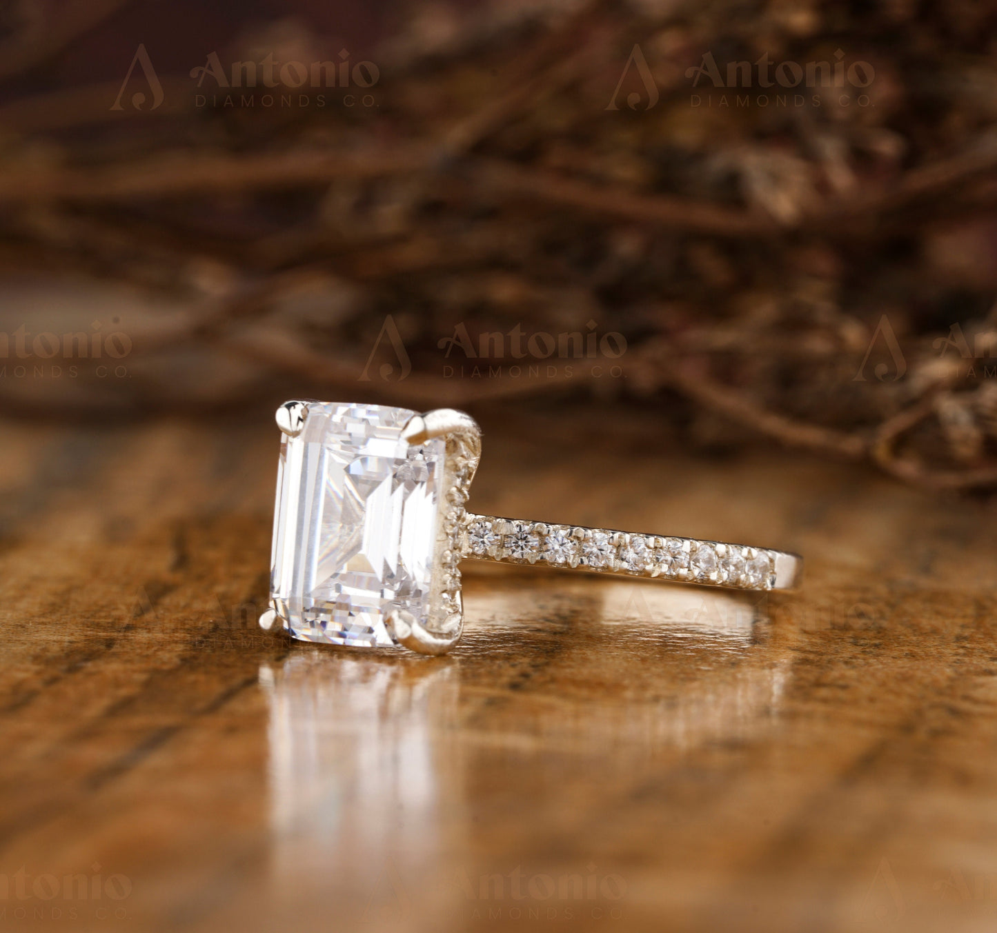 Emerald Cut Halo Lab Grown Diamond Ring, Hidden Diamond Ring