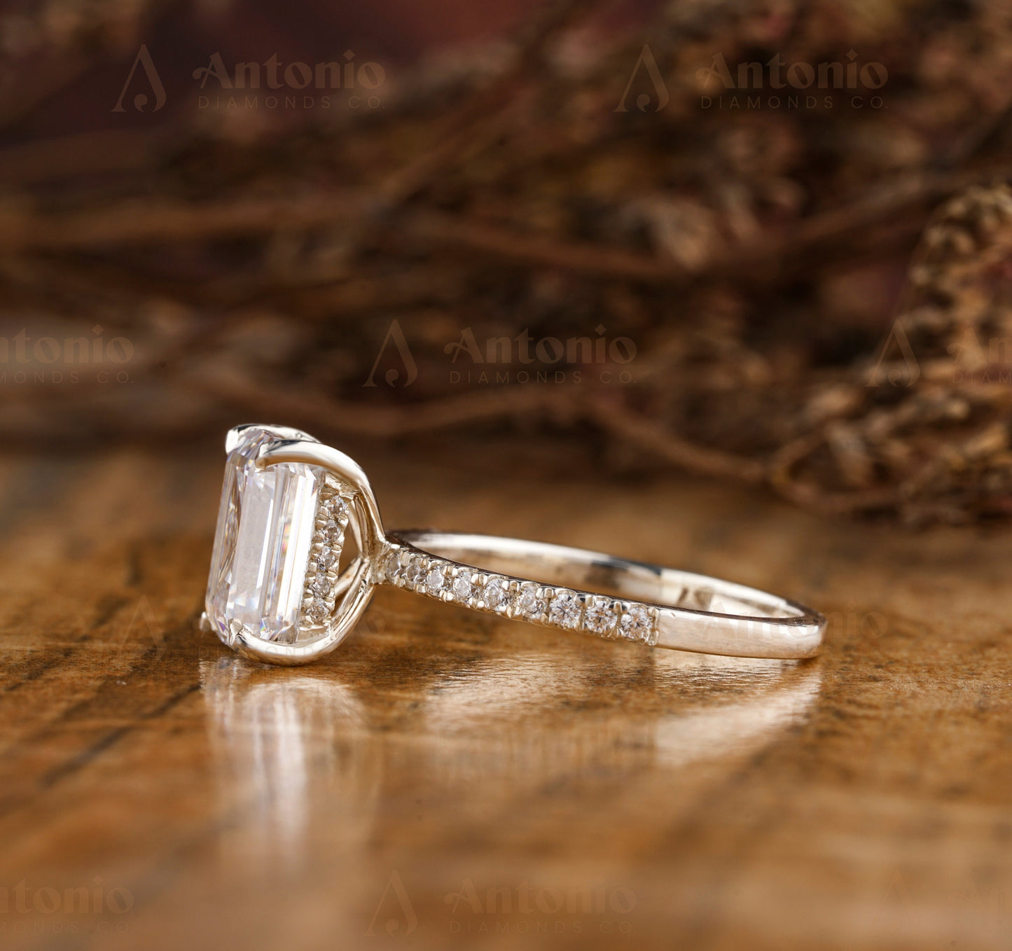 Emerald Cut Halo Lab Grown Diamond Ring, Hidden Diamond Ring