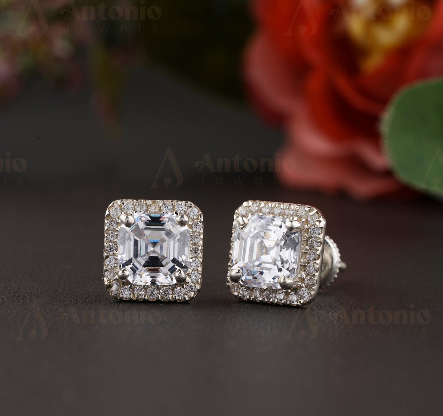 Screw back Earring in White Gold, Halo Asscher Moissanite Stud Earrings, Earring For Women