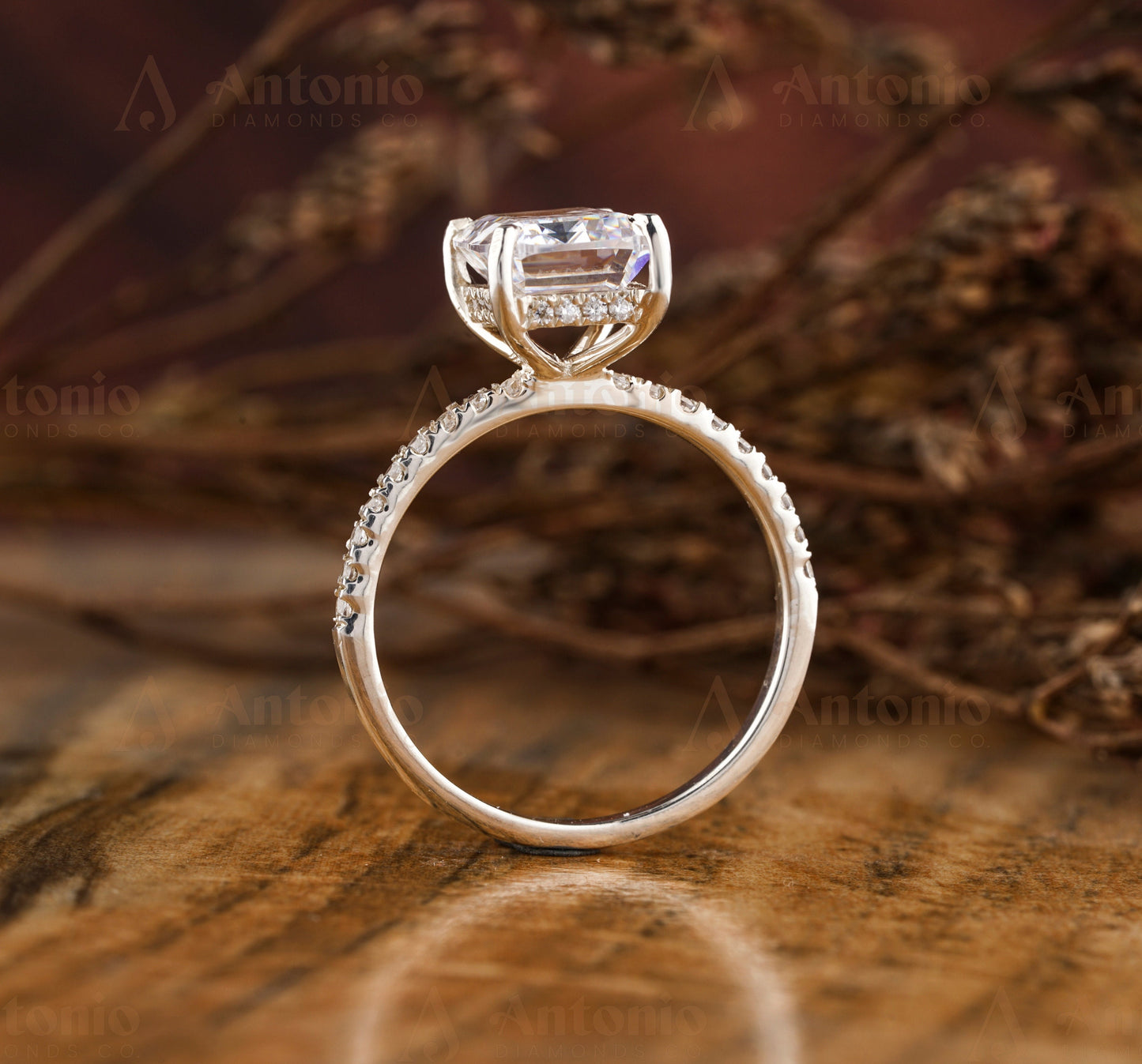 Emerald Cut Halo Lab Grown Diamond Ring, Hidden Diamond Ring