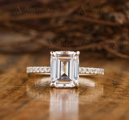 Emerald Cut Halo Lab Grown Diamond Ring, Hidden Diamond Ring