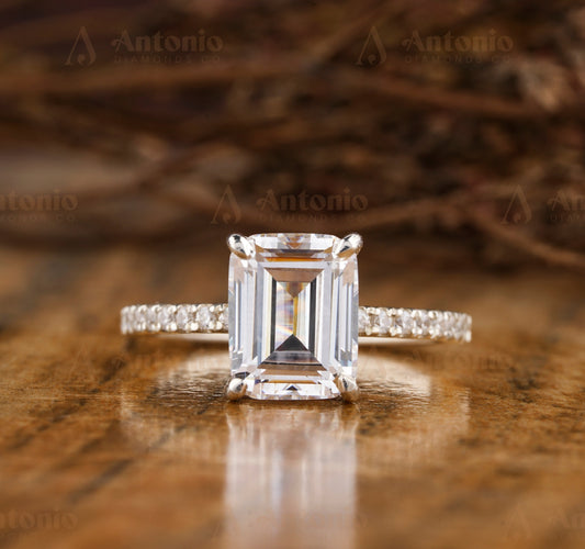 Emerald Cut Halo Lab Grown Diamond Ring, Hidden Diamond Ring
