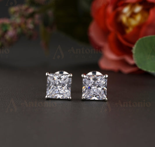 Solitaire Stud Earrings, Certified VVS1 Moissanite Princess Cut Moissanite Earring, Gold Earring, Earring Fo Women, Simple Earring For Her